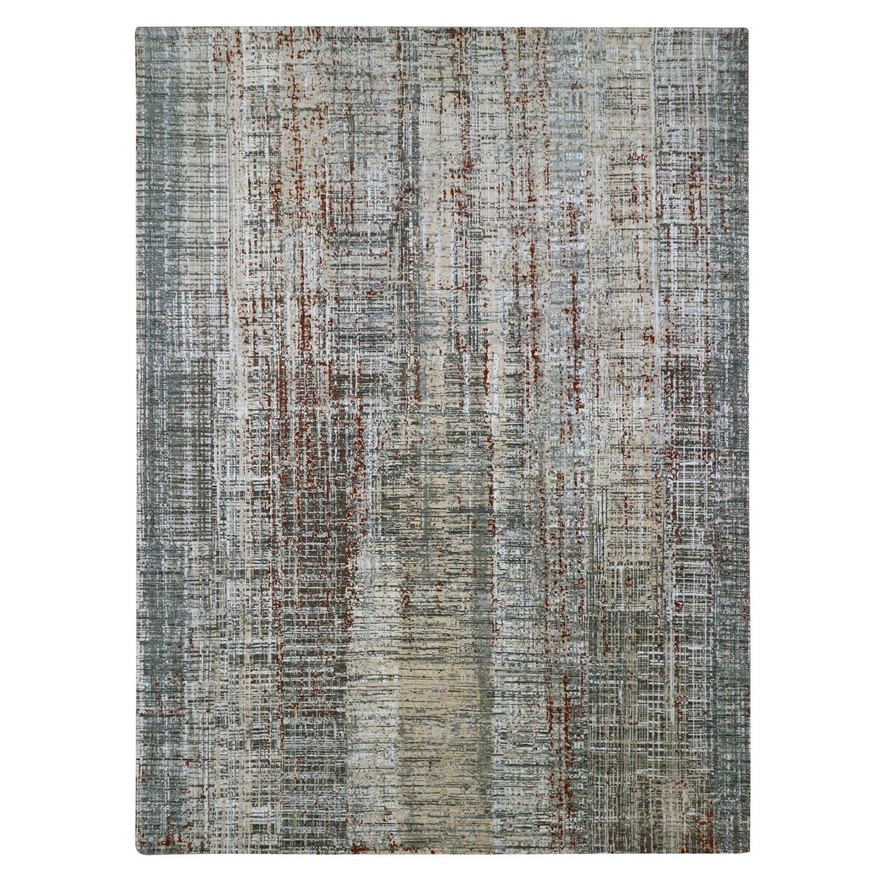 Anchor Gray with Beige, Persian Knot, Abstract with Galaxy Design, 100% Wool, Hand Knotted, Densely Woven, Oriental Rug